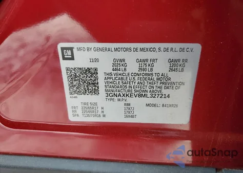 2021 Chevrolet Equinox Lt z USA, uszkodzony, nr VIN 3GNAXKEV8ML327214